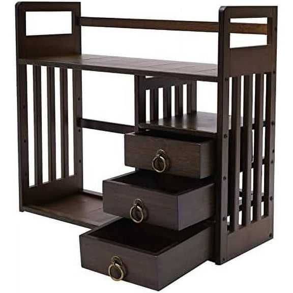 Bamboo Bookshelf Desktop Organizer Desk Rack Storage Shelves w/3 Drawers Office,Counter Top Bookcase for Office Supplies and Home Decor