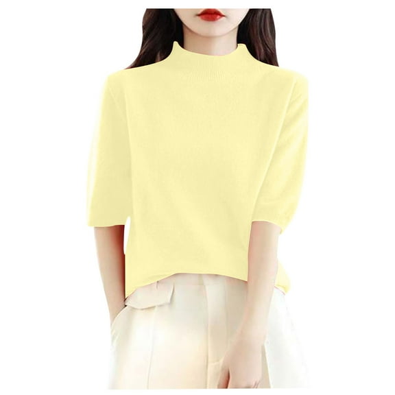 TTUHYWXI Women's Merino Wool Spring Fall Winter First-Line Ready to Wear Seamless Knit Short Sleeve Mock Neck Sweater (Light Yellow, M)
