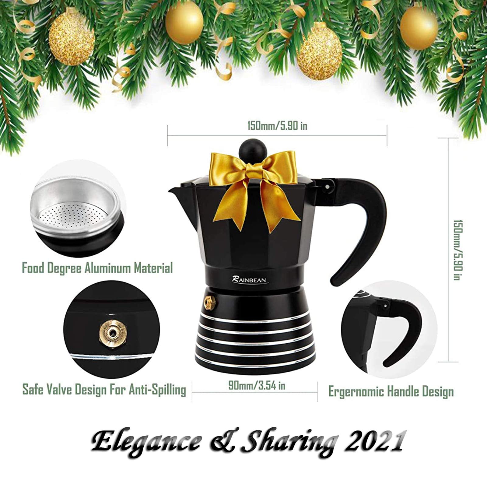 Lowestbest Stovetop Espresso Machine 3 Cups Moka Pot, Italian Cuban Greca Coffee Maker, Black