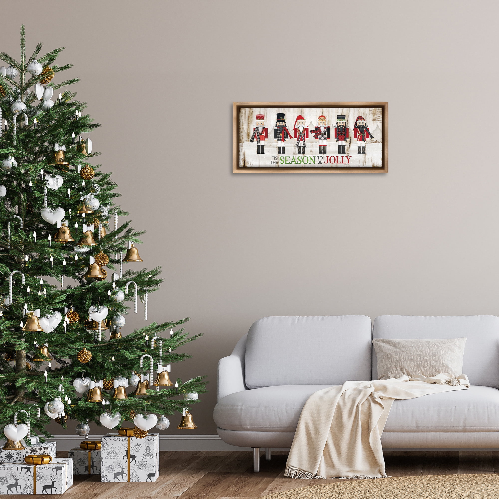 Stupell Industries Festive Phrase Winter Nutcrackers Inspirational Painting Brown Floater Framed Canvas Art Print Wall Art, 31 x 14