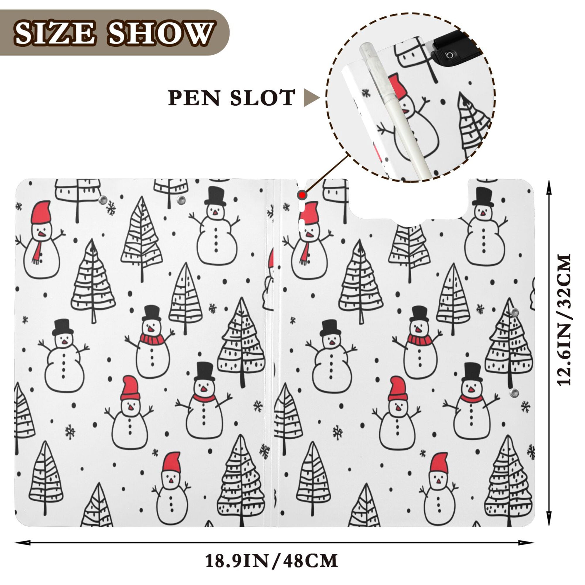 FORMRS A4 Clipboard Folder with Pen Holder Horizontal Foldable School Office Binder, Black Cartoon Snowmen