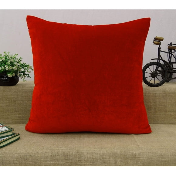 Taie d'Oreiller Indienne Unie Rouge Décoration Maison Housse de Coussin en Velours - Choisir Taille
