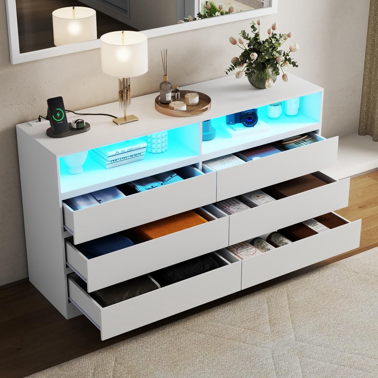 6 Drawer Dresser with Full Length Mirror 48"x16" ,Wide Chests of Drawers with LED Light,White Storage Dresser with Power Outlet,Modern Dressers for Bedroom, Living Room, Hallway(White)