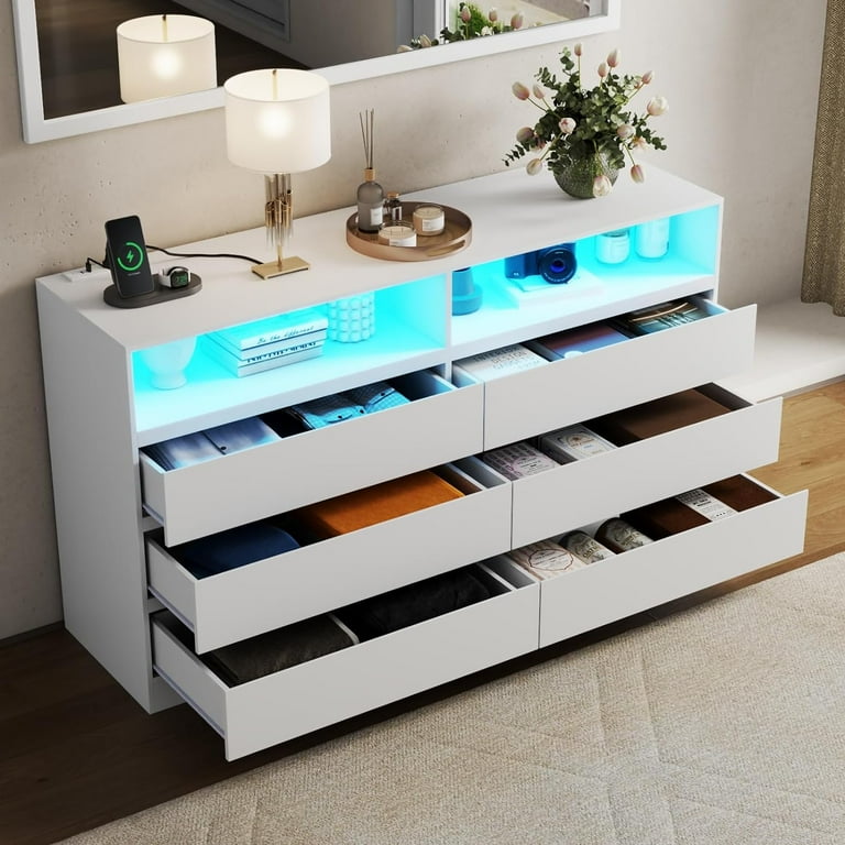6 Drawer Dresser with Full Length Mirror 48 x16 Wide Chests of Drawers with LED Light White Storage Dresser with Power Outlet Modern Dressers for