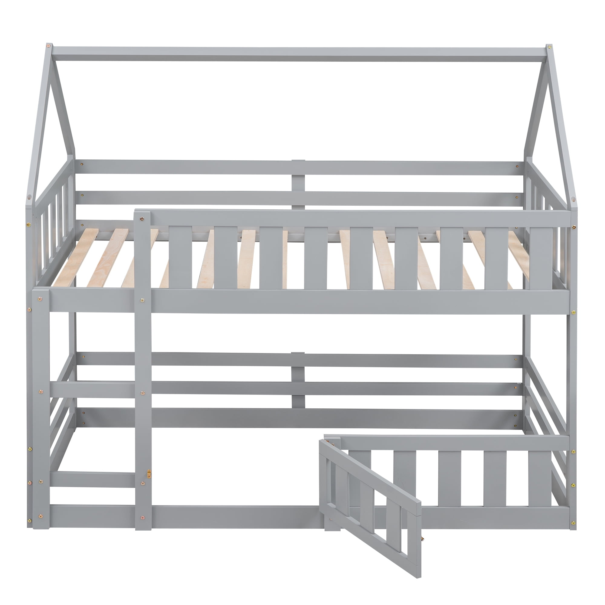 Aukfa Twin-over-Twin Bunk Bed with Fence and Door, Solid Wood House Bunk Bed for Kids Toddy - Gray