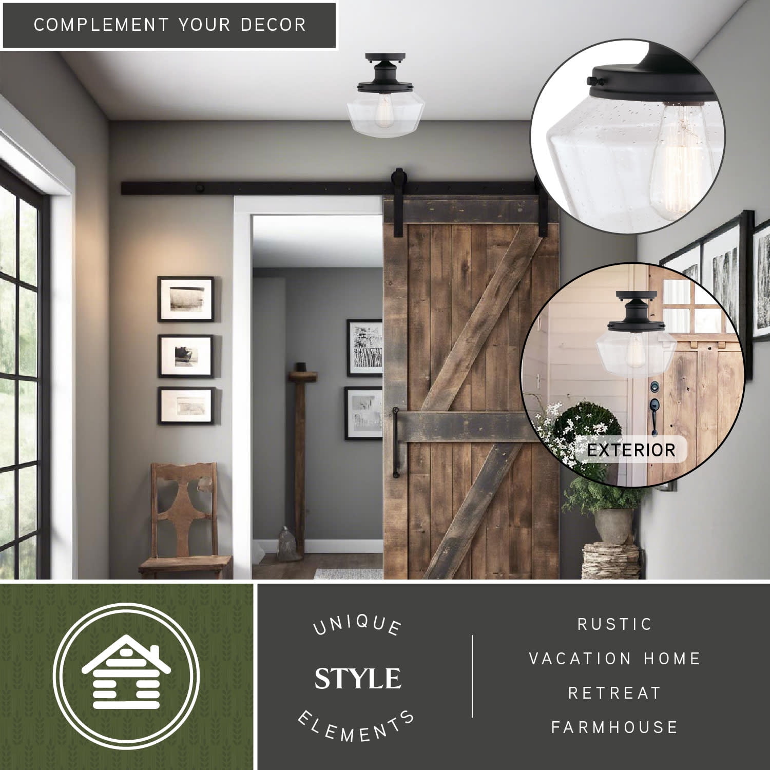 Collins Black Farmhouse Outdoor Flush Mount Ceiling Light Clear Schoolhouse Glass