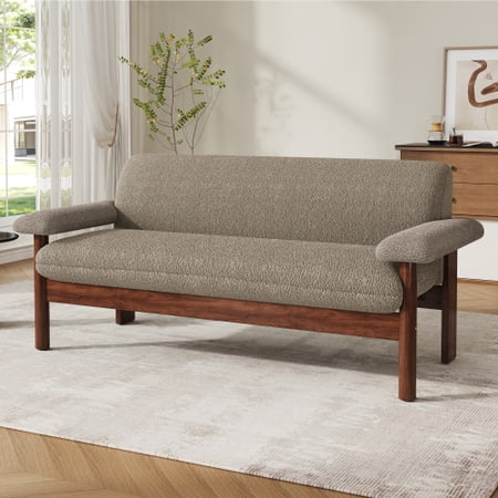 Loveseat Sofa 2 Seater Couch Modern Small Space Sofa with Armrest Pillows and Berber Fleece Fabric Solid Rubberwood Frame for Living Room Reading Nook Brown