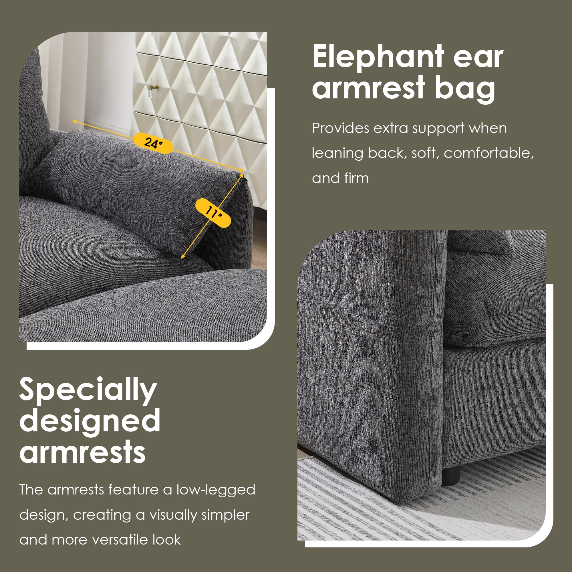 Euroco 96.5'' L-Shaped Sectional Sofa with Storage Ottoman and Pockets, Adjustable Phone Holder, USB Charger, Elephant Ear-Shaped Armrests, Comfy Seat for Living Room&Apartment