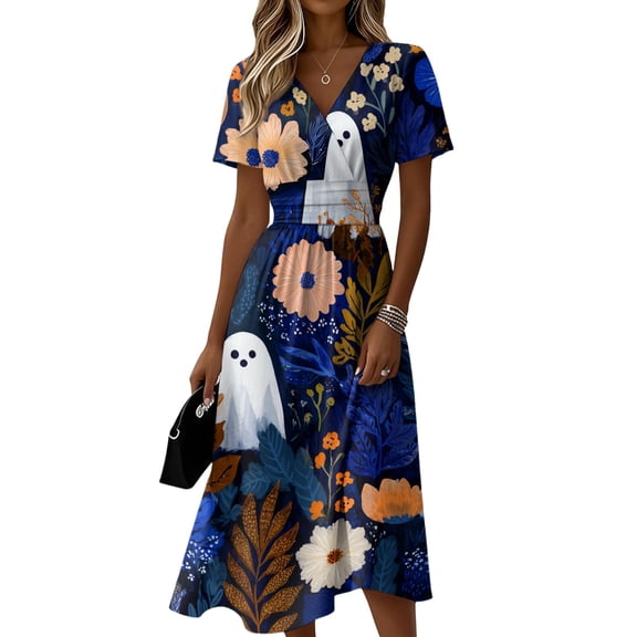 Women's Halloween Dress 2026 - Halloween Print Short Sleeve V-Neck Dress for Casual Party Wear, Halloween Events, Cosplay, Theme Parties Royal Blue B L