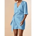 thumbnail image 3 of Blue Linen V-Neck Wrap Mini Dress With Side Tie, Casual Summer Style, 3 of 8