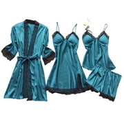 Egmy Lingerie women Silk Lace Robe Dress Babydoll Sleepwear Nightdress Pajamas Set