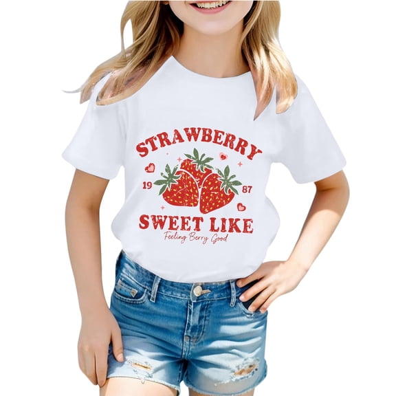 Hihipz Toddler Girls T-Shirt Vintage Strawberry Print Short Sleeve Crewneck Soft Casual Graphic Daily Tee