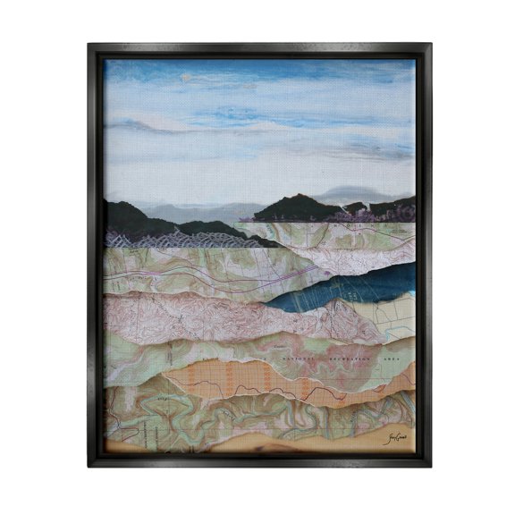 Stupell Industries Map Collage Landscape Nature Painting Black Floater Framed Art Print Wall Art, 25 x 31