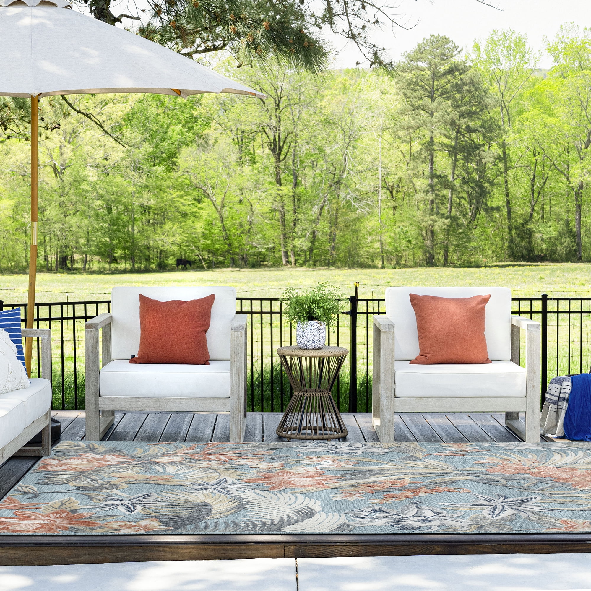 9x12 Water Resistant, Large Indoor Outdoor Rugs for Patios, Front Door Entry, Entryway, Deck, Porch, Balcony | Outside Area Rug for Patio | Aqua, Floral | Size: 8'5'' x 12'2''