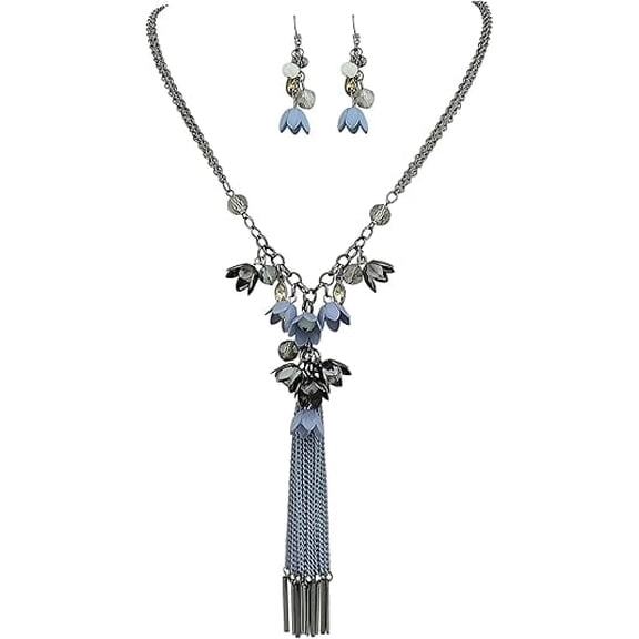 Bocar Long 2 Layer Chain Unique Flower Pendant Tassels Necklace Earrings Women Jewelry Set