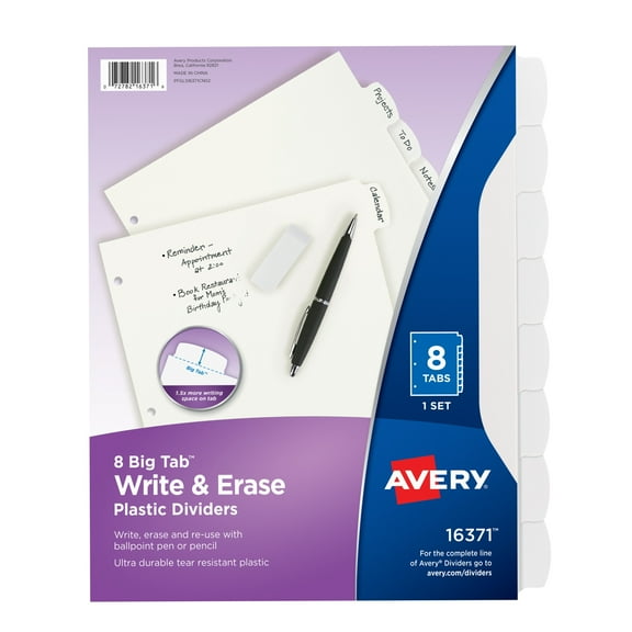 Avery Big Tab Write & Erase Durable Plastic Dividers, 8-Tab Set, White, 1 Set (16371)