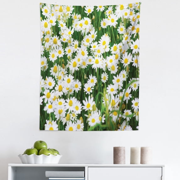 Field of Flower Tapestry, Symbol of Innocence Purity Delicate Daisy Floral Nature Photo, Fabric Wall Hanging Decor for Bedroom Living Room Dorm, 5 Sizes, Green Mustard and White, by Ambesonne