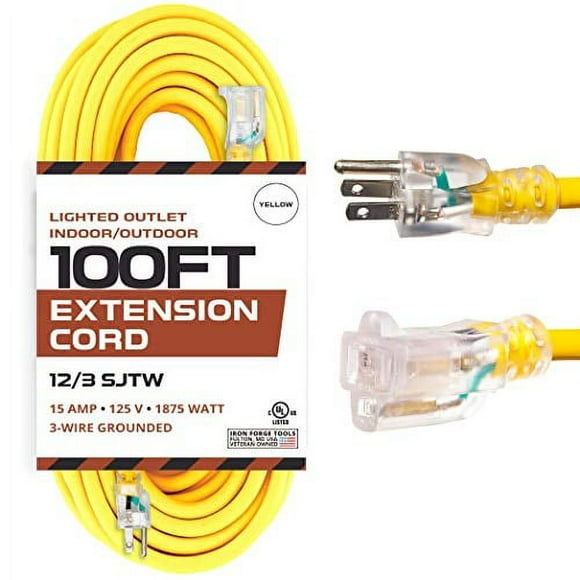 IRON FORGE CABLE 100 Foot Outdoor Extension Cord - 12/3 SJTW Heavy Duty Yellow 3 Prong Extension Cable, 15 AMP - Great for Garden and Major Appliances
