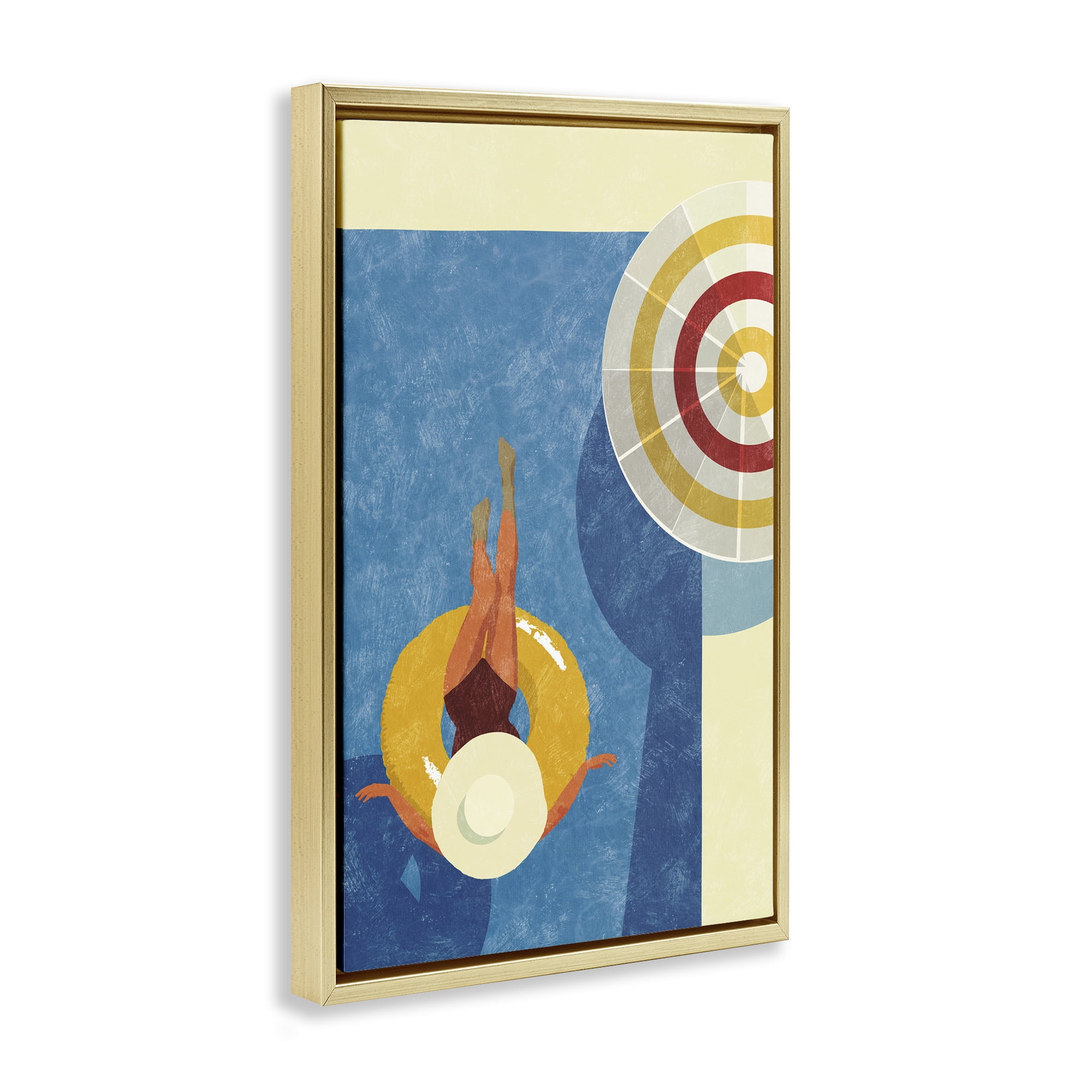 Stupell Industries Relaxing on Pool Float Novelty Painting Gold Floater Framed Canvas Art Print Wall Art, 17 x 25