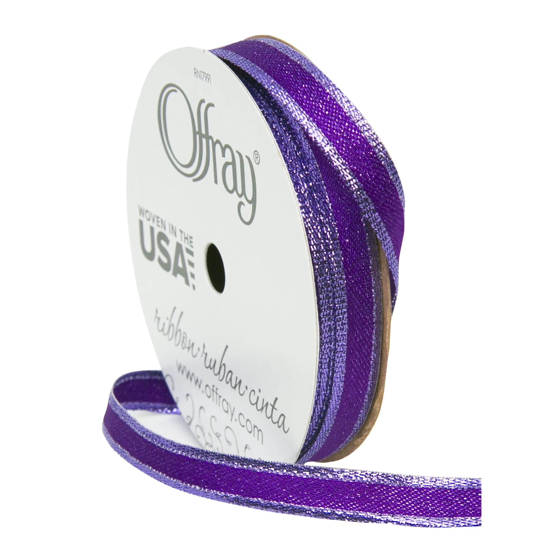 (7 pack) Offray Ribbon, Purple 3/8 inch Metallic Ribbon for Wedding, Crafts, and Gifting, 9 feet, 1 Each