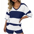 thumbnail image 4 of Two Piece Shorts Set For Women Summer Casual Striped V Neck Short Sleeve Top And Pocket Shorts Outfit For Vacation Lounge Travel Matching Outfit Beach Cruise Airport Style, 4 of 5