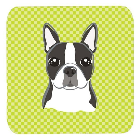 Lime Checkered Boston Terrier Foam Coasters Set Of 4