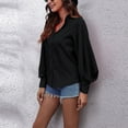 thumbnail image 4 of Blusa con cuello en V y manga farol para mujer Camisa con botones y cuello en V de color puro para uso diario Negro L, 4 of 6
