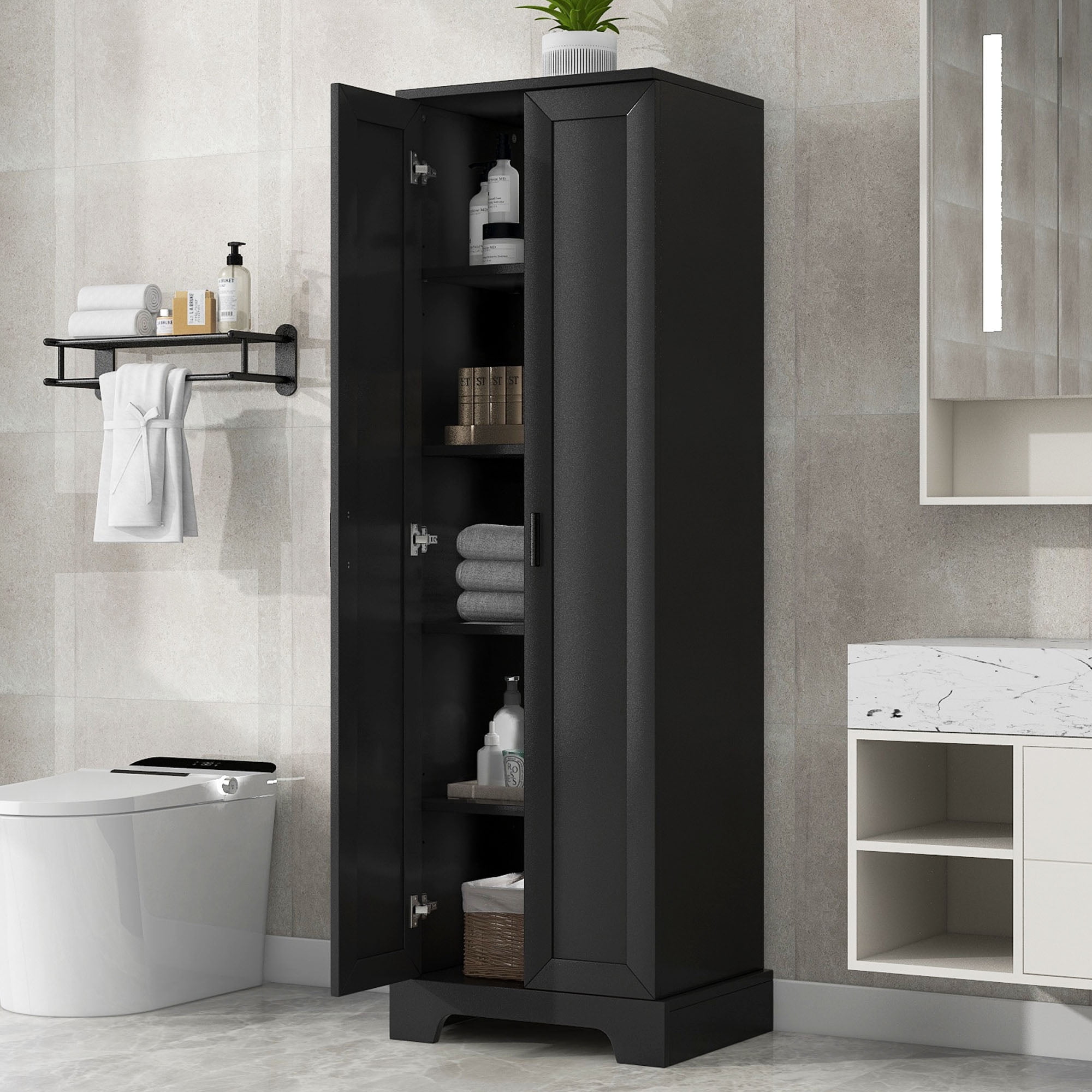 S-HOME Black Storage Cabinet with Two Doors, Adjustable Shelf and Durable MDF Board for Bathroom or Office Organization