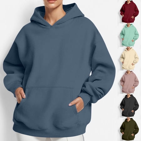 HVOBTTY Women s Long Sleeved Pullover Sweatshirts Fall Tops for Women Women s Basic Solid Color Loose Crew Neck Hooded Pullover Sweatshirt Beige S