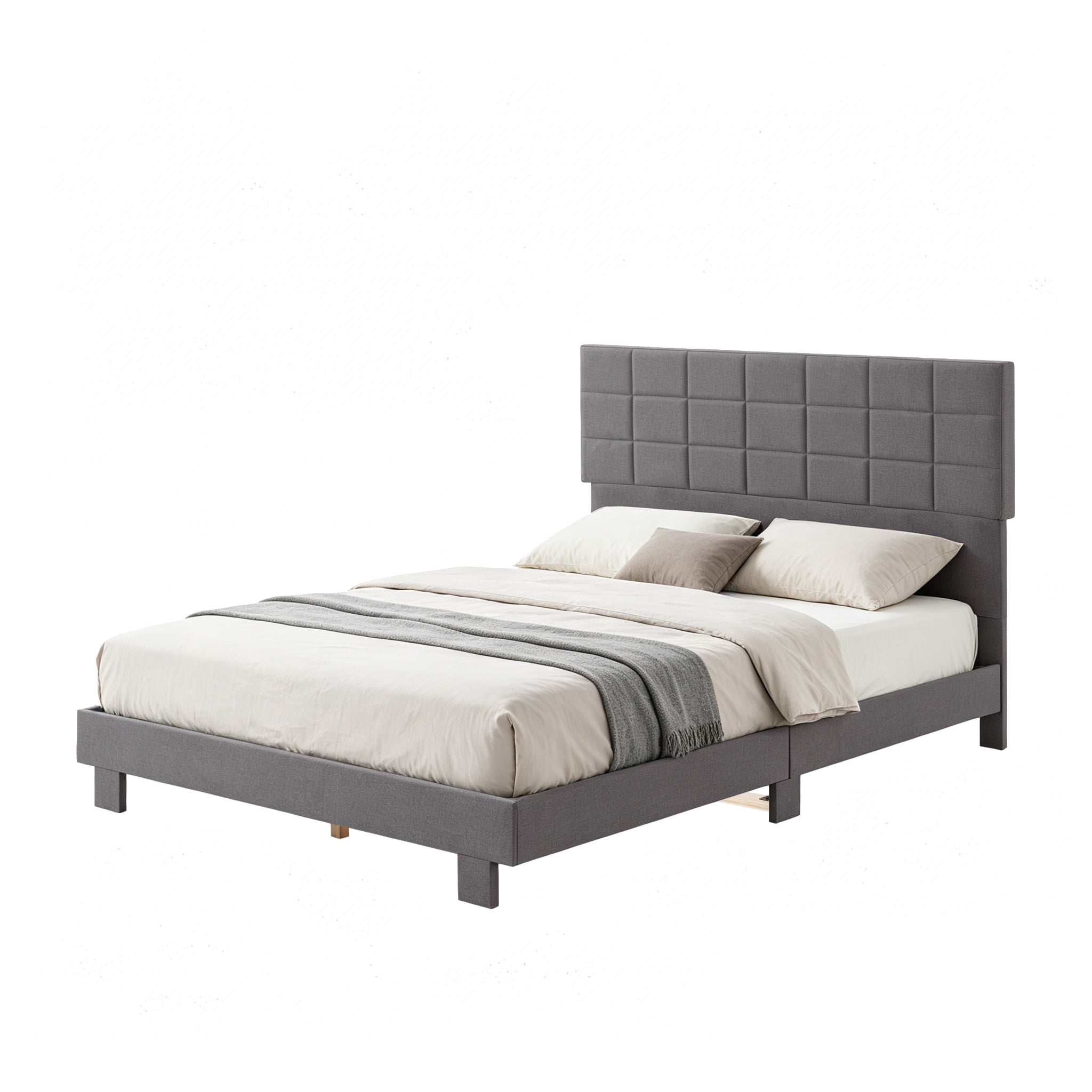 Gewnee Queen Size Platform Bed Frame, Adjustable Linen Upholstered Headboard, Wood Slats, Bedroom, Dark Grey