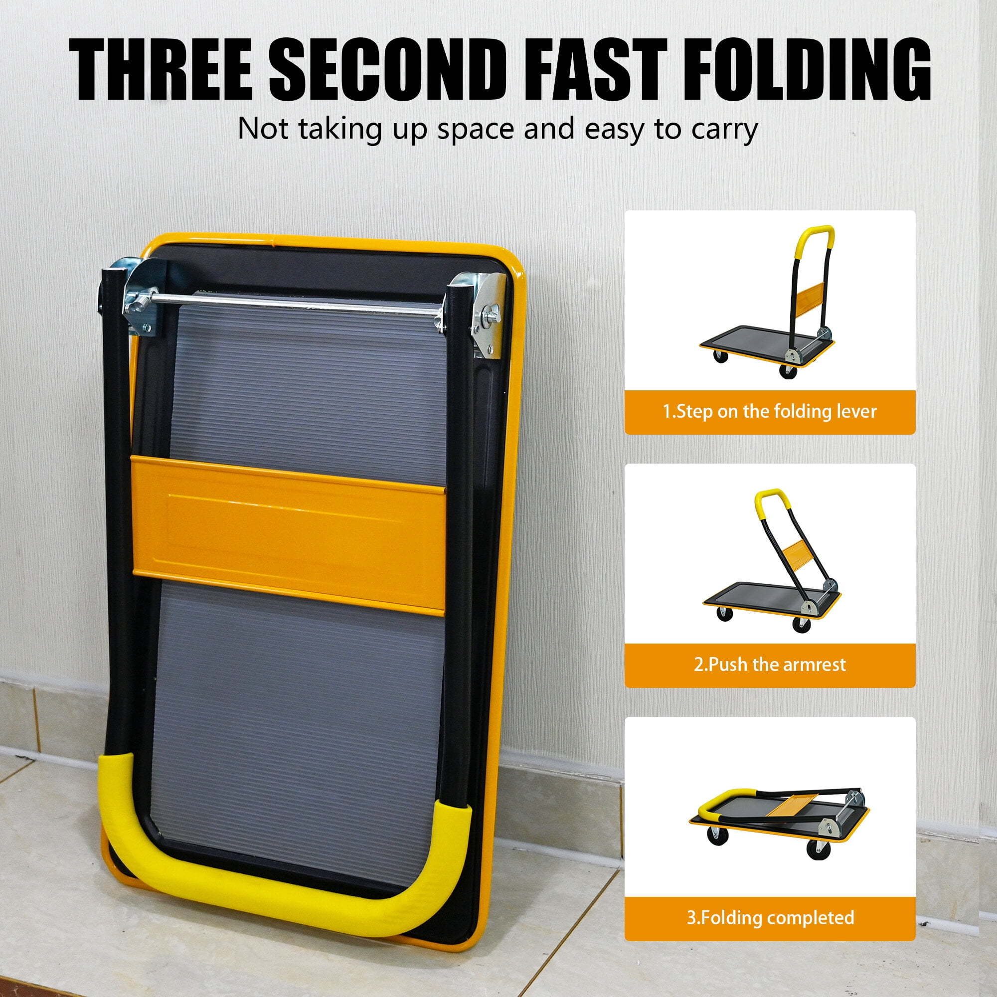 Dolly, Flatbed Cart, 330lbs Heavy Duty Capacity Platform Hand Truck 360 Degree Swivel Wheels Foldable Push Hand Cart for Loading and Storage, Warehouse-Yellow, Yellow Hand Truck,Furniture Dolly
