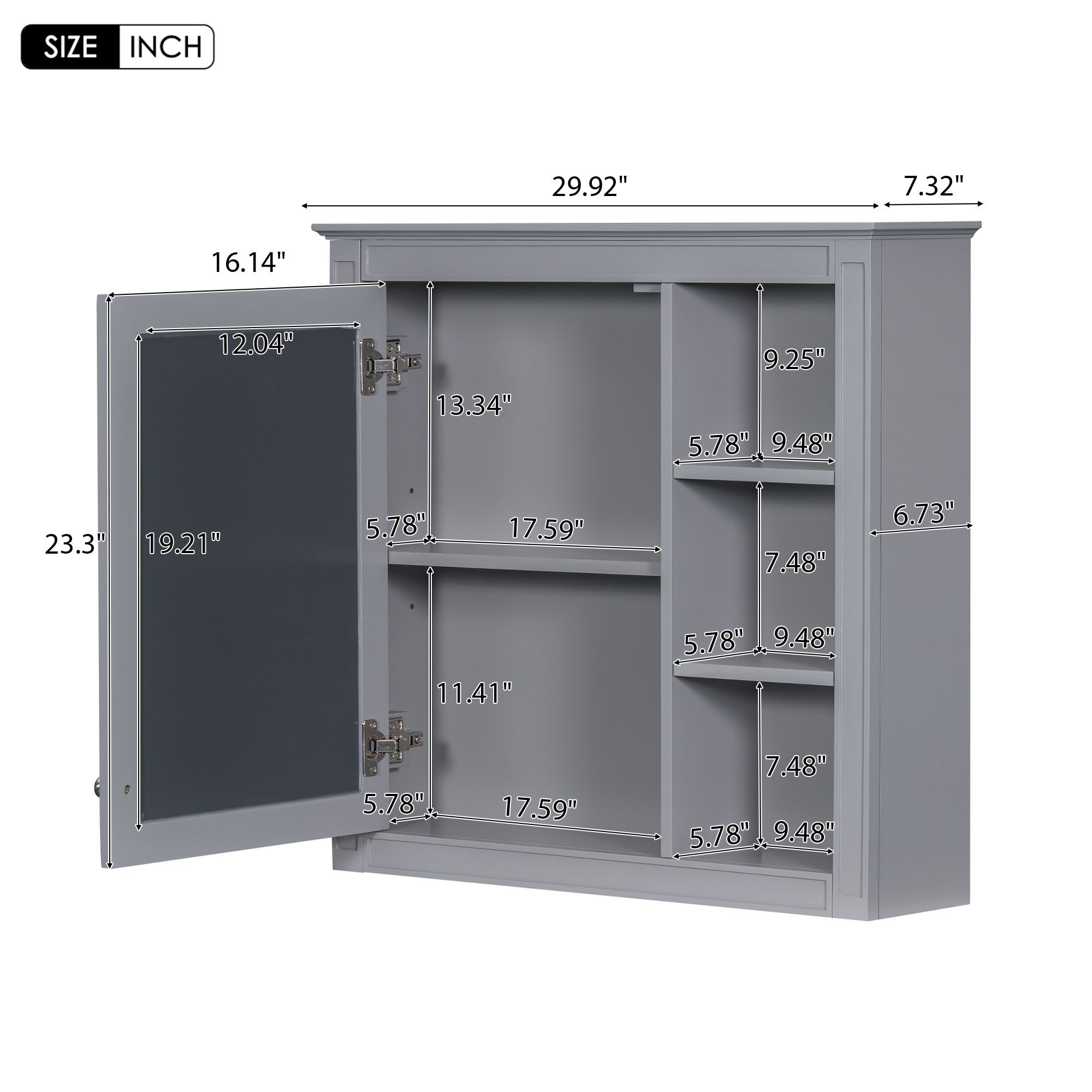 DEALTOPS Stylish Wall Mounted Bathroom Mirror Cabinet with Cabinet and Open Shelves, Gray