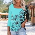 thumbnail image 2 of Women's 3/4 Sleeve Tops Floral Printed Square Neck Tee Shirt Plus Size Casual Trendy Tunic Tshirts S-5X (M, Blue), 2 of 7