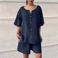 thumbnail image 2 of DDAPJ pyju Womens Casual 2 Piece Outfits Cotton Linen Set Short Sleeve Button Down Shirts High Waisted Shorts 2025 Summer Vacation Set Ofertas de la semana Navy L, 2 of 10