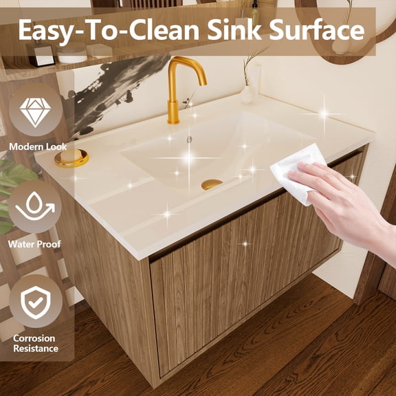 30 Inch Bathroom Vanity with Sink, Modern Design for Small Spaces, Space-Saving Wall-Mounted Feature, Soft-Closing Doors for Quiet Use, Elegant Walnut Finish for Contemporary Style（White Sink）