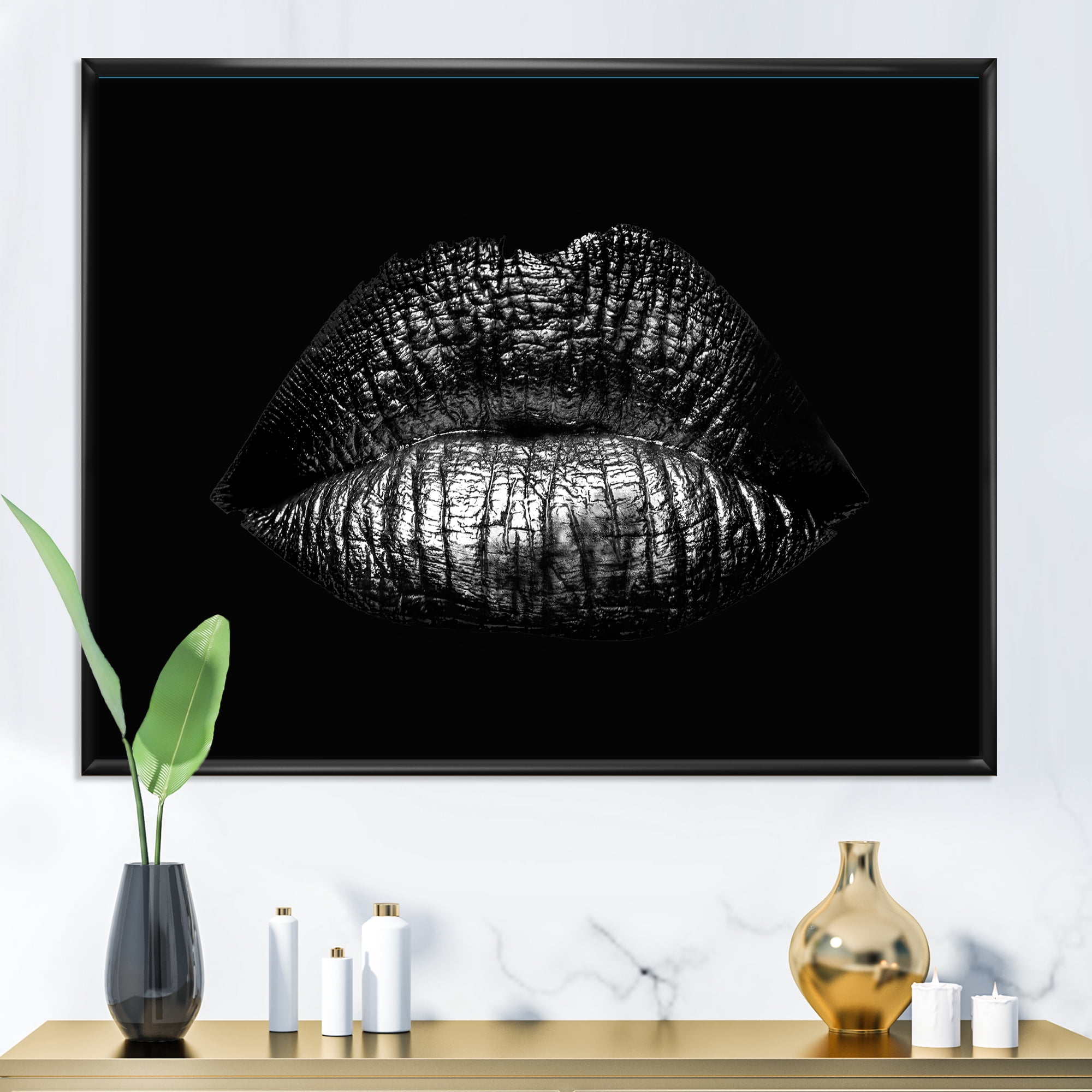 Designart 'Sexy Golden Metallized Woman Lips I' Modern Framed Canvas Wall Art Print