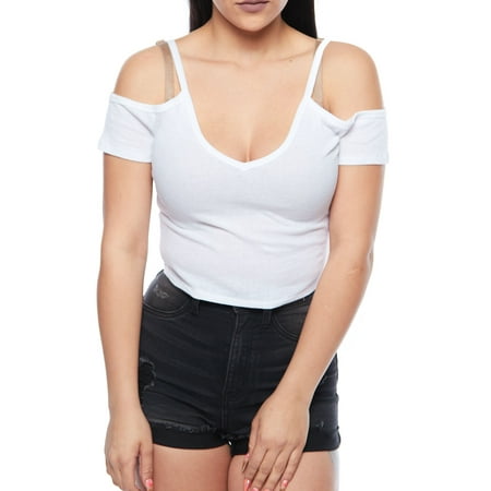 - Womens V Neck Cold Shoulder Short Sleeves Knitted Crop Top RT50913