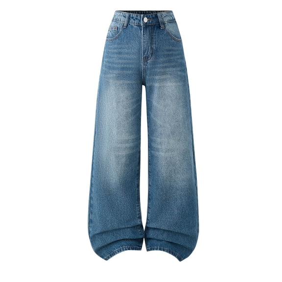OYXSER Girls Jeans Pants Wide Leg Baggy Pants Kids Clothes Simple High Elastic Waist Denim Pants with Pockets Cute Y2K Trendy Tween Streetwear, Blue 15-16Y