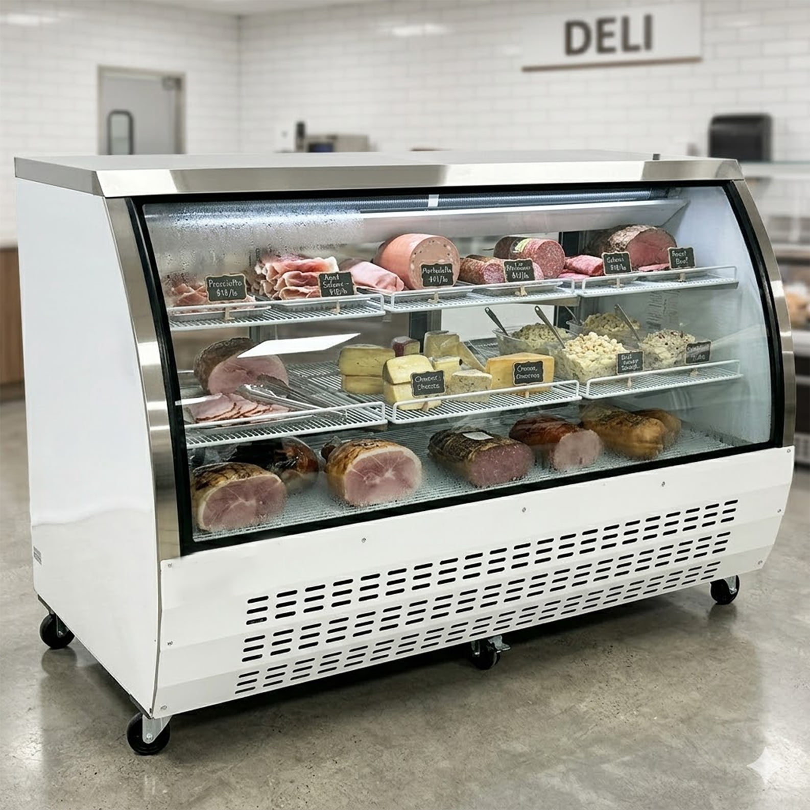 82" Commercial Refrigerated Deli Display Case – Curved Glass Meat & Deli Refrigerator,  Self-Contained Merchandiser with Adjustable Shelves and LED Lighting, Ideal for Grocery Stores, Butcher Shops