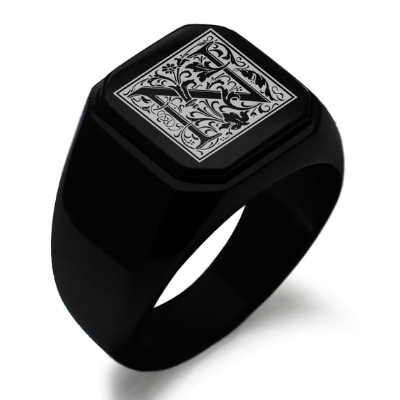 Stainless Steel Letter N Initial Floral Box Monogram Engraved Engraved Square Flat Top Biker Style Polished Signet Ring