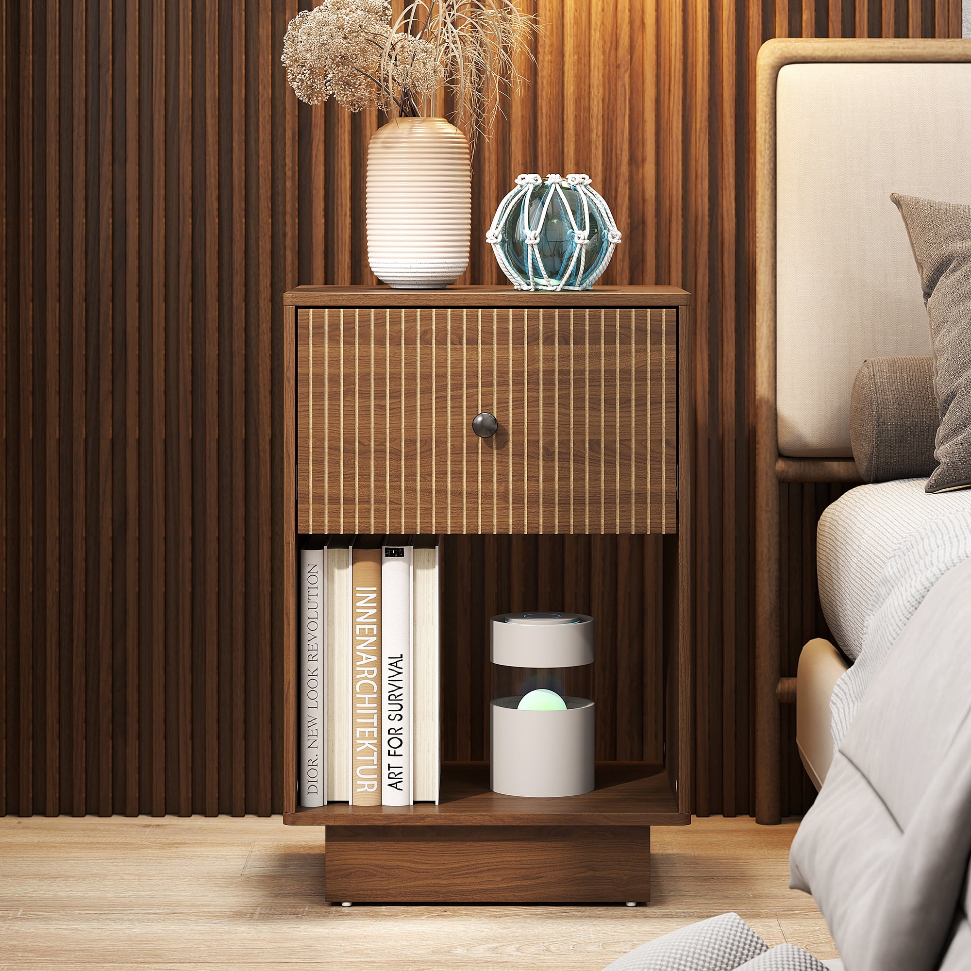 Fluted Nightstand Set of 2, Mid Century Bedside Tables with Drawer & Storage, Small End Tables for Bedroom, Walnut