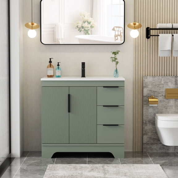 Eclife 36-inch Bathroom Vanity with Integrated Sink, Soft-Close Hinges, Mid-Century Modern Design
