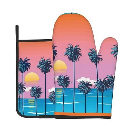 

Junzan Beach with Palm Trees Pattern Oven Mitts and Pot Holders 2 pcs Set Potholders BBQ Gloves Long Kitchen Oven Glove for Cooking Baking Grilling (2-Piece Set 11 Inch)