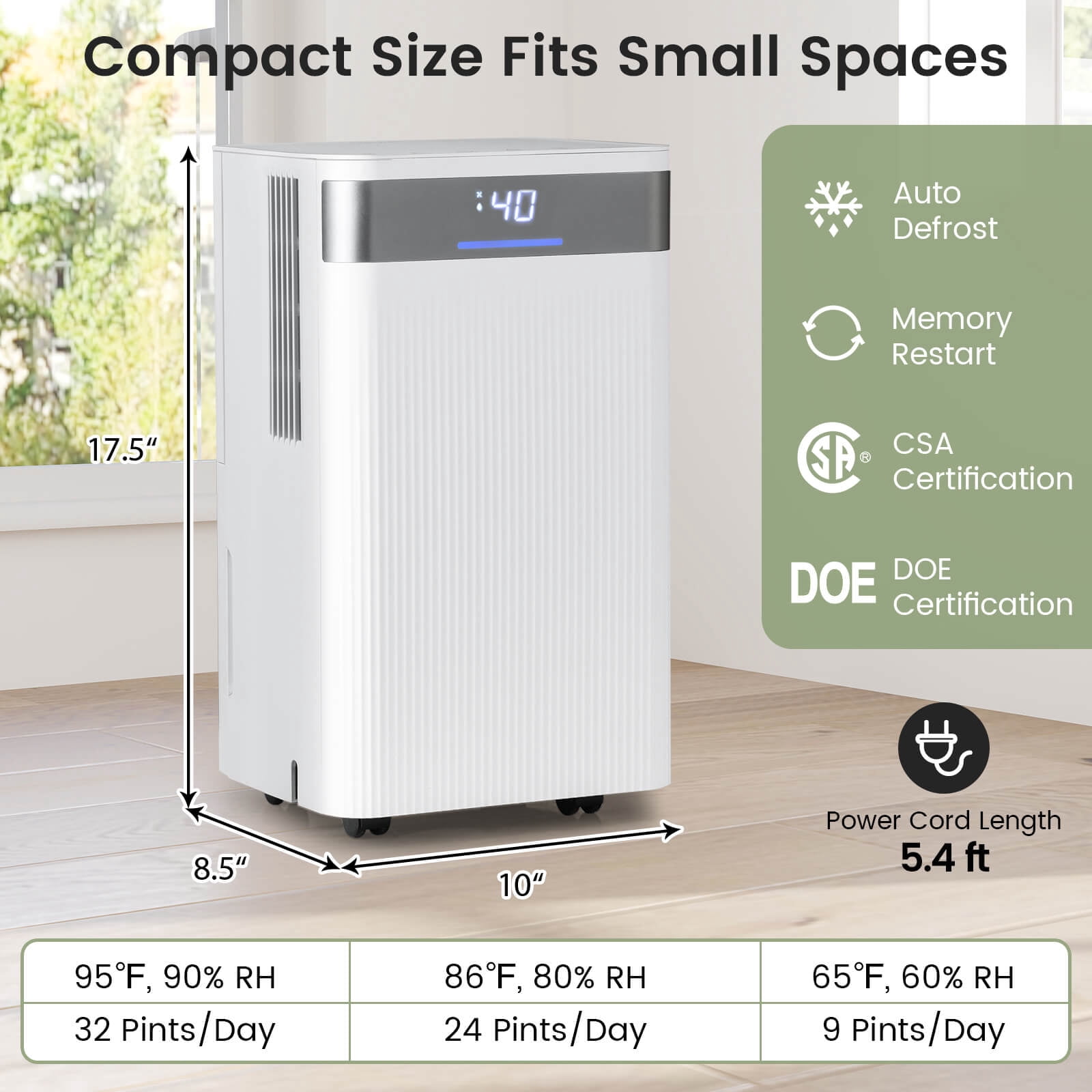 Costway 9-Pint(DOE) Dehumidifier Portable Dehumidifier with 3-Color Indicator 2000 Sq.Ft Coverage Area (MAX 32Pint at 95°F, 90%RH)