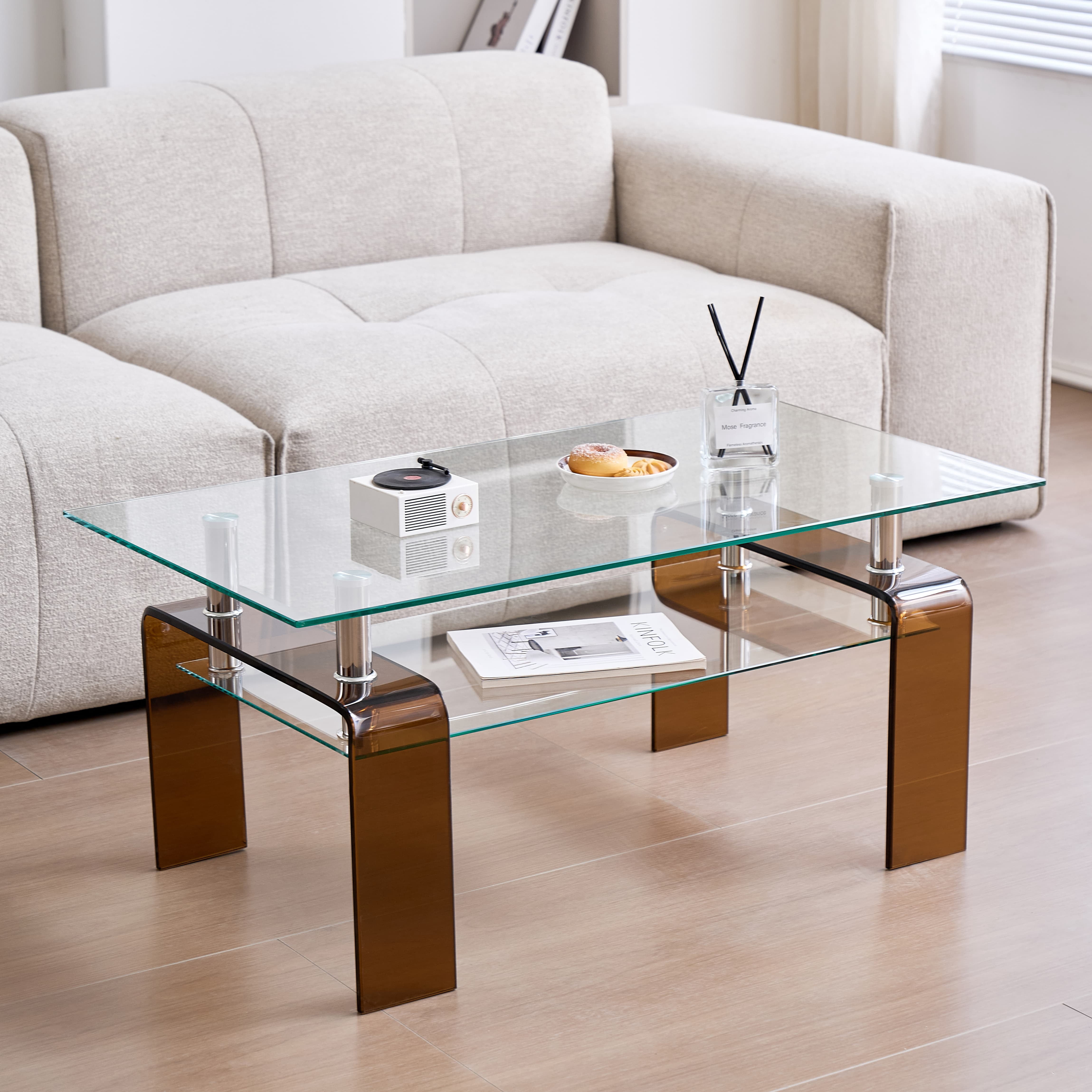 MAYEERTY Tempered Glass Coffee Table, Modern Glass Coffee Table for Living Room, 2-Tier Storage Center Coffee Table with Brown Legs