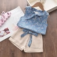 thumbnail image 2 of Summer Girls Outfits Toddler Girl Sleeveless Bow Tie Floral Top and Solid Color Pocketed Shorts with Belt Fashion Set Blue 6 Years, 2 of 5