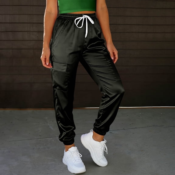 AUNVITO Women's Cargo Pants Elastic Waistband with Drawstring Multiple Pockets Cuffed Ankles Casual and Utility Style