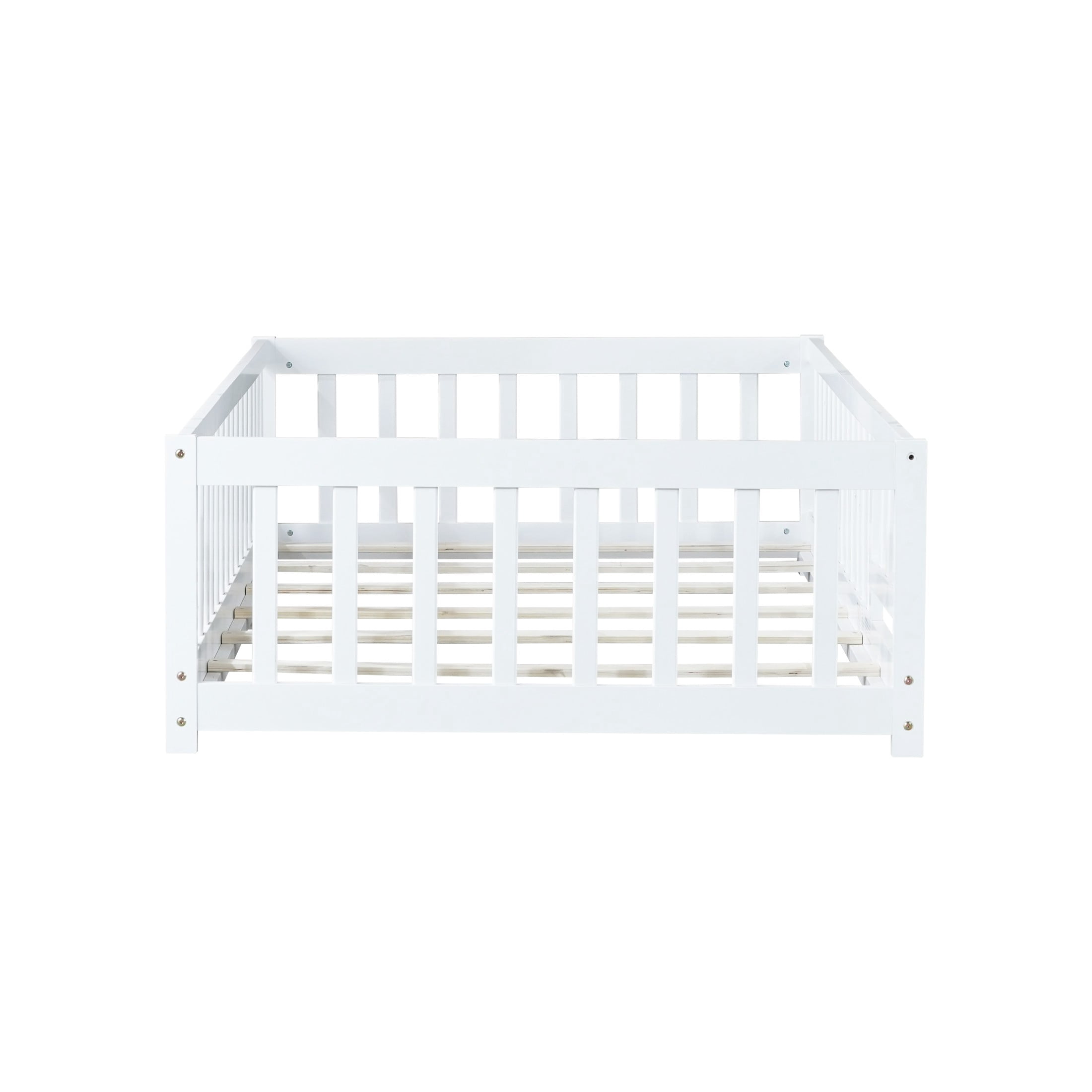 Noble House Mira Twin Floor Bed with Fence and Door, Sturdy Rubber Wood Montessori Bed Frame, Kid's Room, White