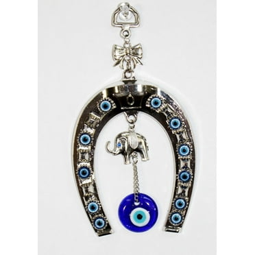 Turkish Blue Evil Eye Horseshoe with Elephant and Ribbon Wall Hanging Amulet