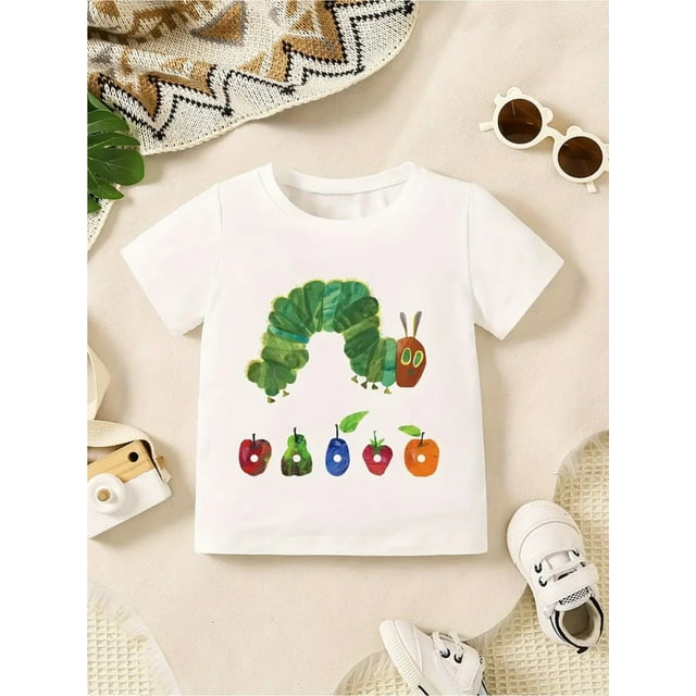 Boys' trendy cartoon for CATERPILLAR T-shirt pattern with letter print, short-sleeved round-neck summer casual children's clothing, fashionable and comfortable boys' short-sleeved tops tee